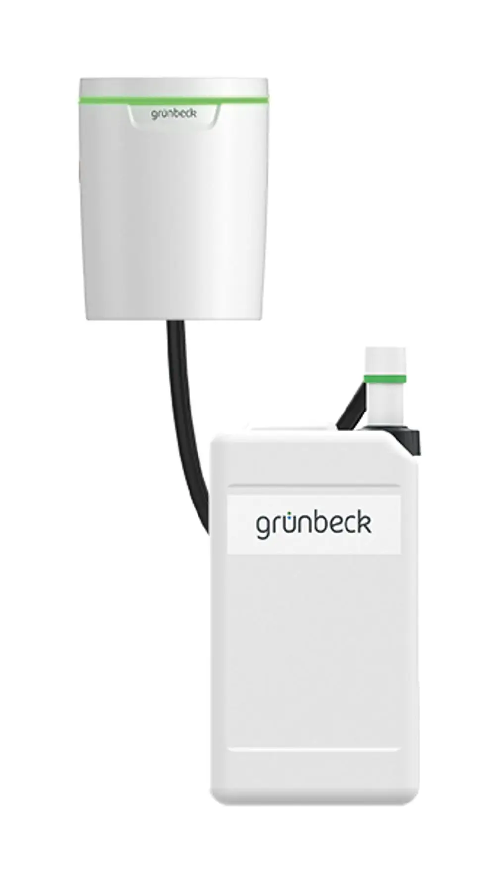 Weißes Gerät von Grünbeck mit einem oberen Behälter und einem angeschlossenen, rechteckigen unteren Behälter. Die Verbindung erfolgt über ein schwarzes Kabel.